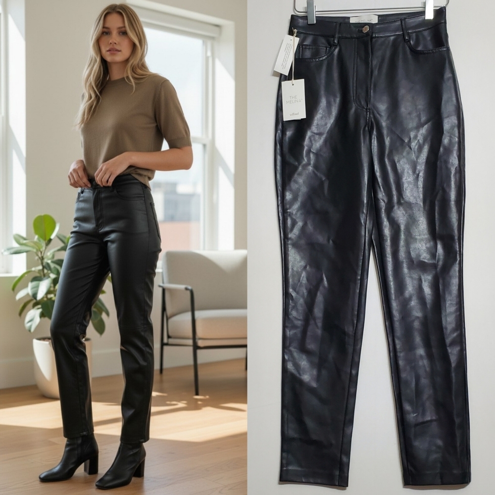 NWT Aritzia Wilfred The Melina slim pants faux leather black hi rise stretch